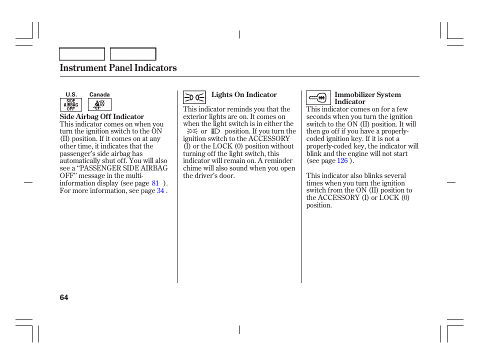 Instrument panel indicators | Acura 2006 TSX - Owner's Manual User Manual | Page 65 / 366