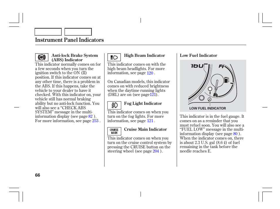 Instrument panel indicators | Acura 2006 TSX - Owner's Manual User Manual | Page 67 / 366