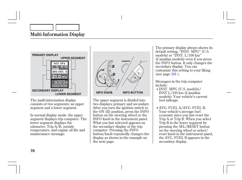 Multi-information display | Acura 2006 TSX - Owner's Manual User Manual | Page 71 / 366