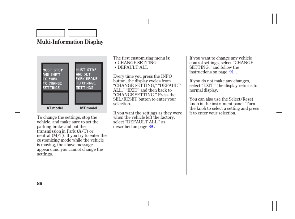 Multi-information display | Acura 2006 TSX - Owner's Manual User Manual | Page 87 / 366