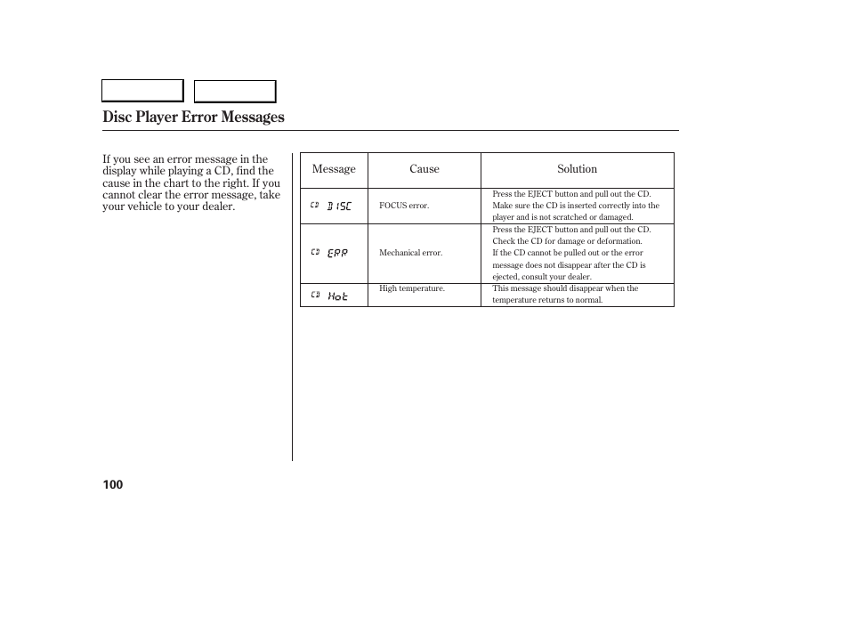 Disc player error messages | Acura 2006 RSX - Owner's Manual User Manual | Page 101 / 255