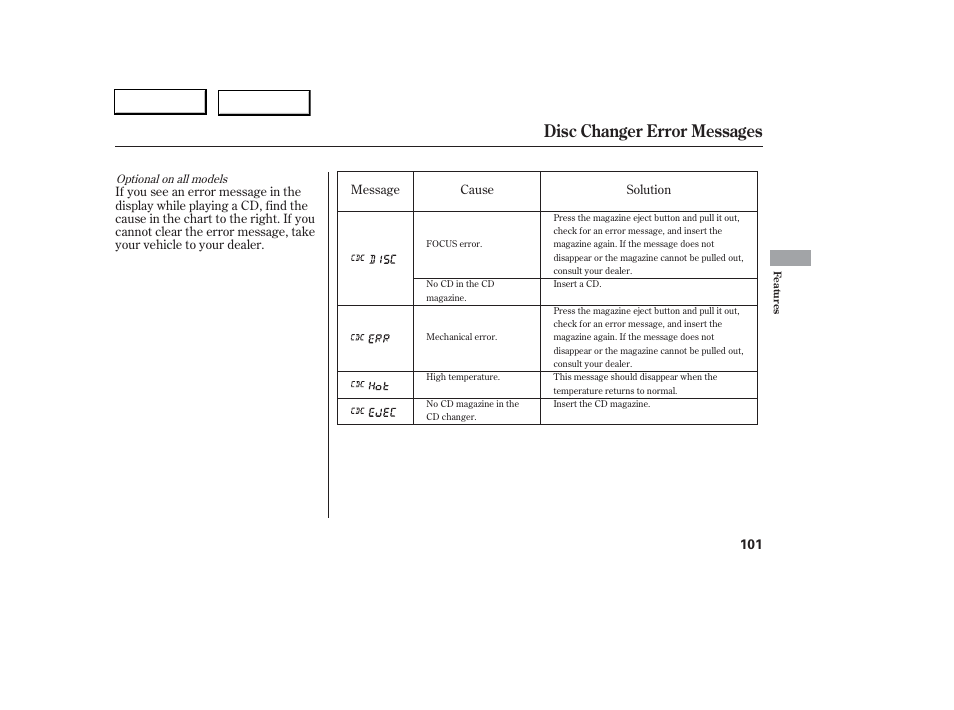 Disc changer error messages | Acura 2006 RSX - Owner's Manual User Manual | Page 102 / 255