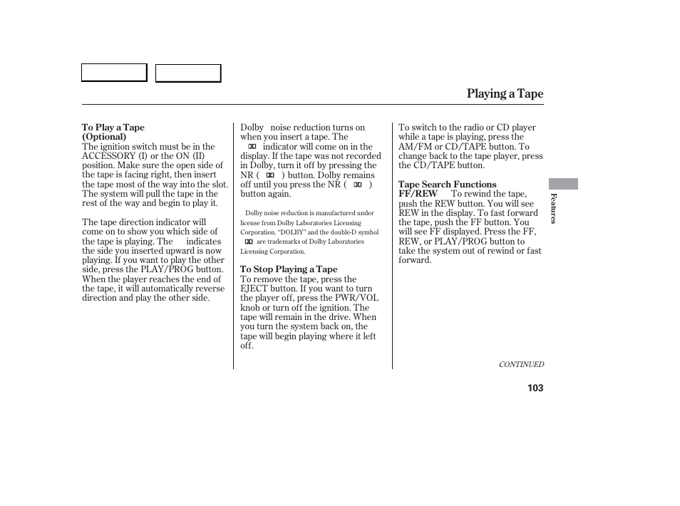 Playing a tape | Acura 2006 RSX - Owner's Manual User Manual | Page 104 / 255