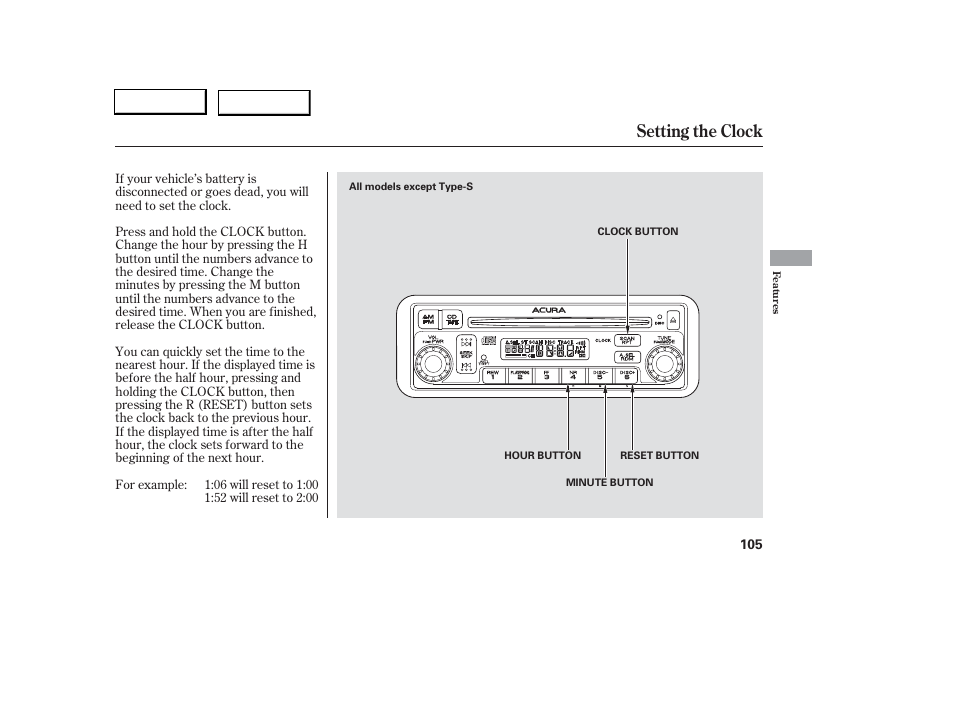 Setting the clock | Acura 2006 RSX - Owner's Manual User Manual | Page 106 / 255