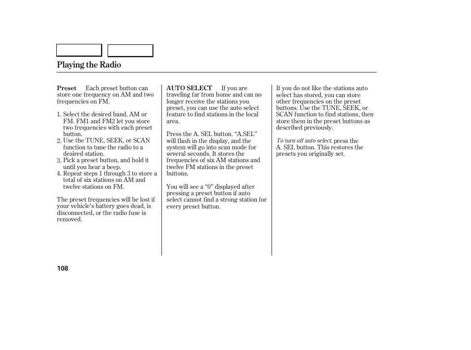 Playing the radio | Acura 2006 RSX - Owner's Manual User Manual | Page 109 / 255