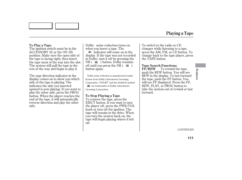 Playing a tape | Acura 2006 RSX - Owner's Manual User Manual | Page 112 / 255
