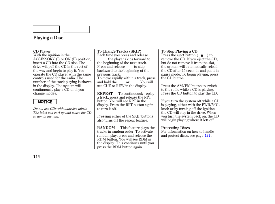 Playing a disc | Acura 2006 RSX - Owner's Manual User Manual | Page 115 / 255