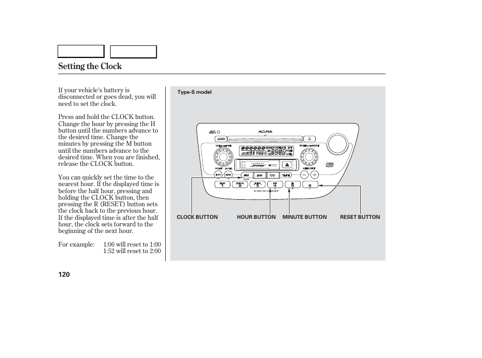 Setting the clock | Acura 2006 RSX - Owner's Manual User Manual | Page 121 / 255