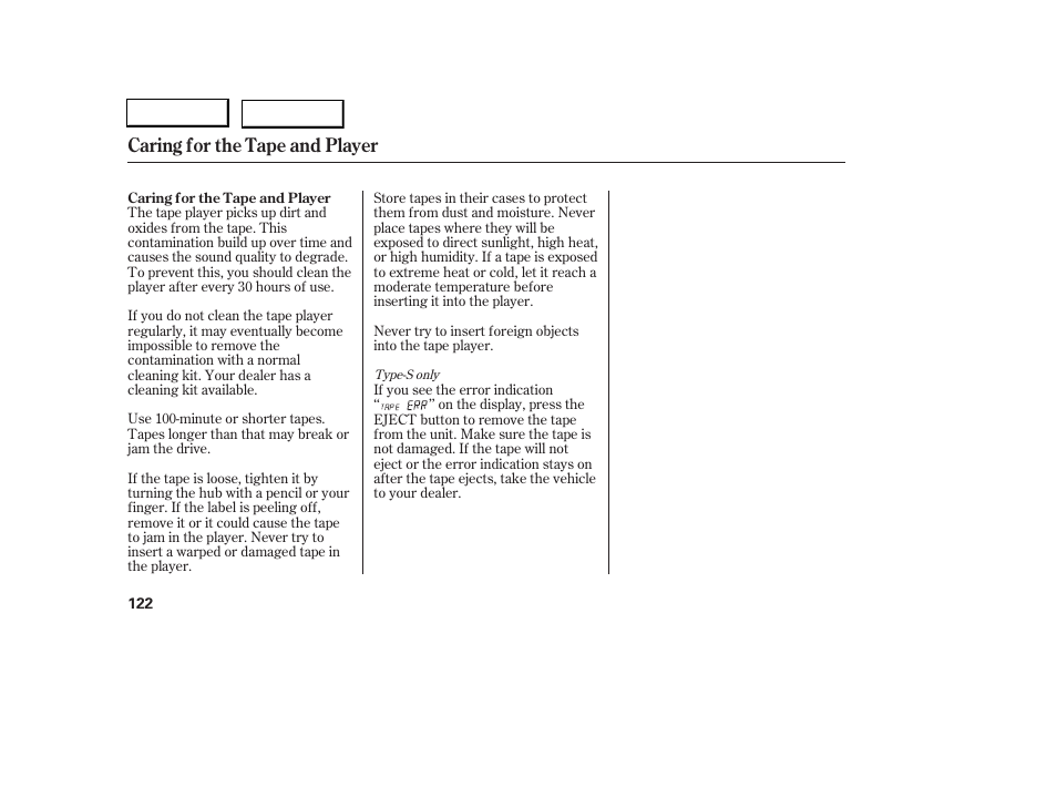 Caring for the tape and player | Acura 2006 RSX - Owner's Manual User Manual | Page 123 / 255
