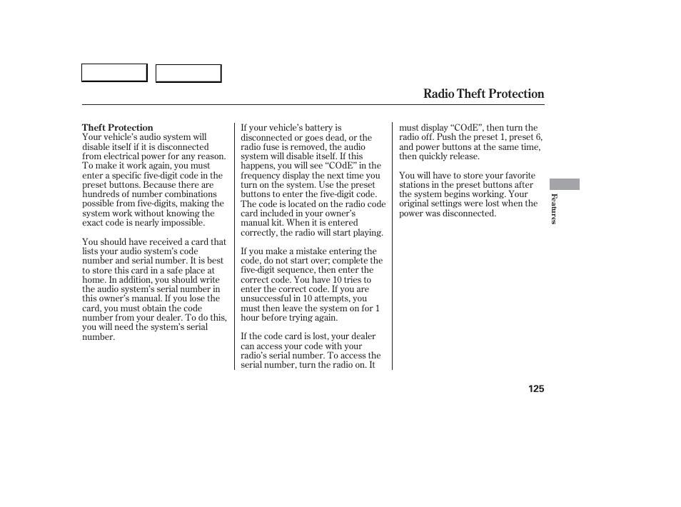Radio theft protection | Acura 2006 RSX - Owner's Manual User Manual | Page 126 / 255