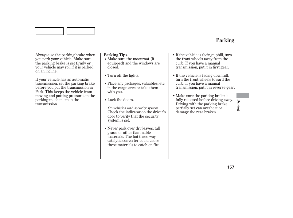 Parking | Acura 2006 RSX - Owner's Manual User Manual | Page 158 / 255