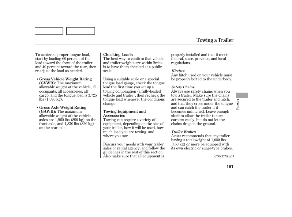 Towing a trailer | Acura 2006 RSX - Owner's Manual User Manual | Page 162 / 255