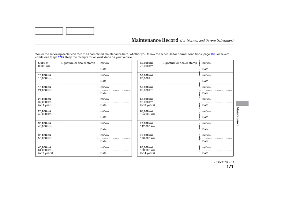 Maintenance record | Acura 2006 RSX - Owner's Manual User Manual | Page 172 / 255