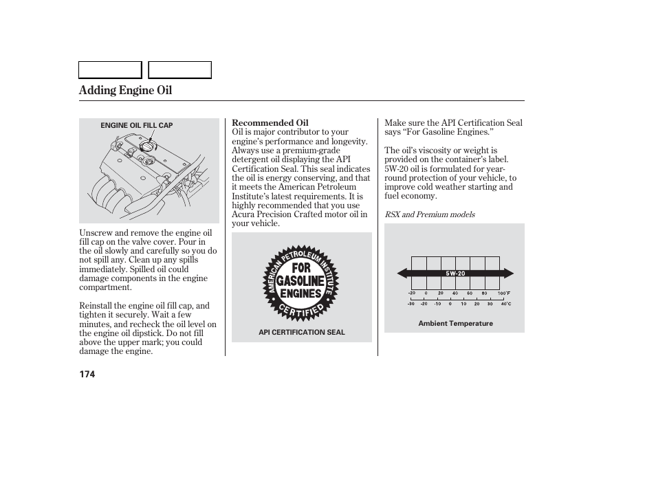 Adding engine oil | Acura 2006 RSX - Owner's Manual User Manual | Page 175 / 255