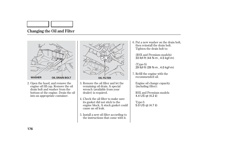 Changing the oil and filter | Acura 2006 RSX - Owner's Manual User Manual | Page 177 / 255