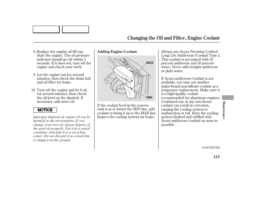 Changing the oil and filter, engine coolant | Acura 2006 RSX - Owner's Manual User Manual | Page 178 / 255