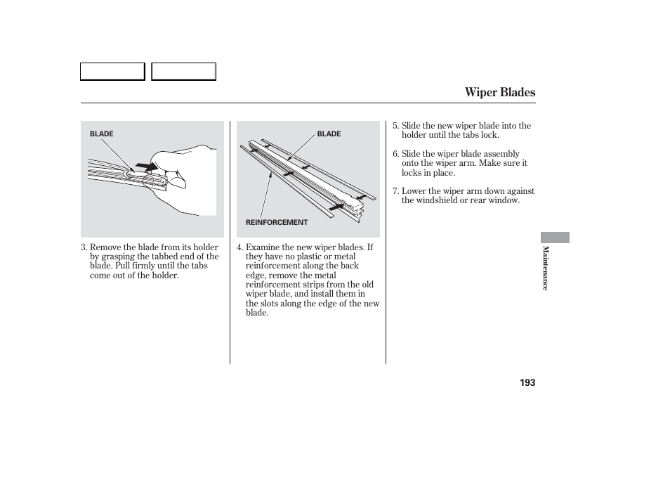 Wiper blades | Acura 2006 RSX - Owner's Manual User Manual | Page 194 / 255