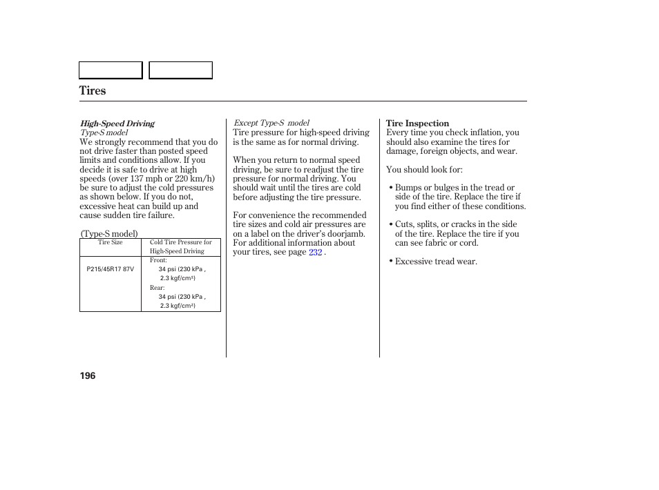 Tires | Acura 2006 RSX - Owner's Manual User Manual | Page 197 / 255