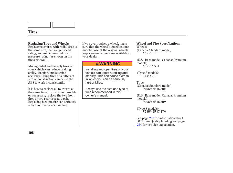 Tires | Acura 2006 RSX - Owner's Manual User Manual | Page 199 / 255