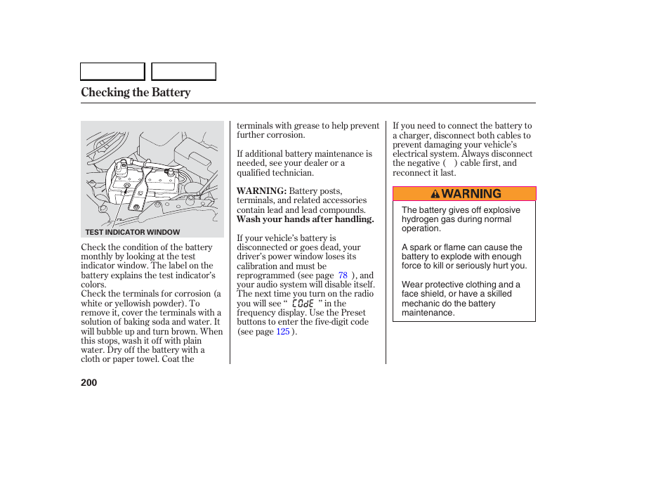 Checking the battery | Acura 2006 RSX - Owner's Manual User Manual | Page 201 / 255