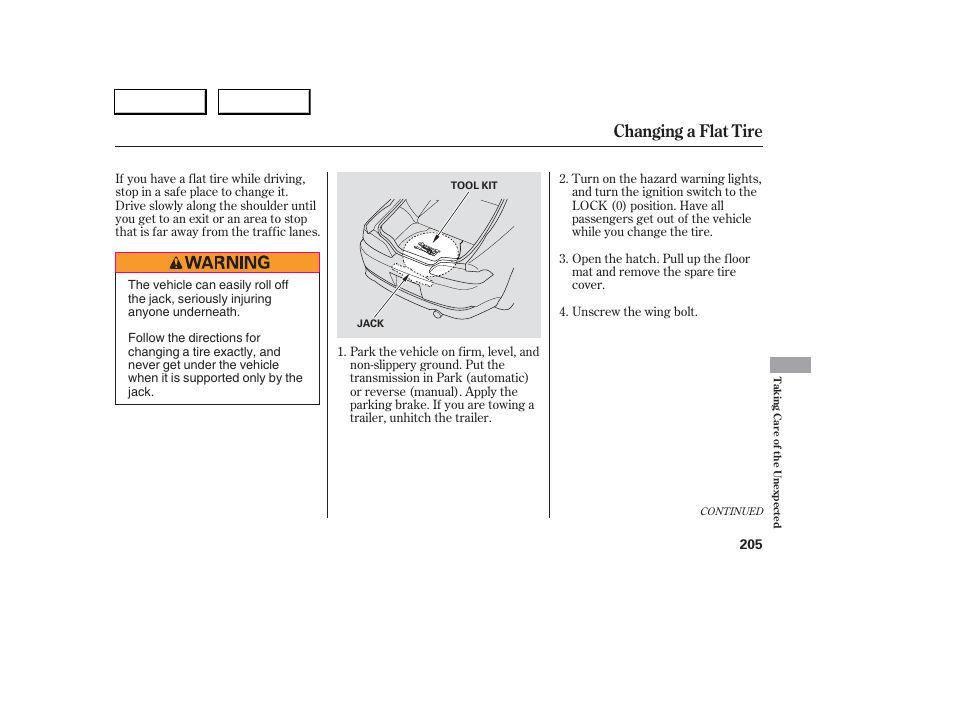 Changing a flat tire | Acura 2006 RSX - Owner's Manual User Manual | Page 206 / 255
