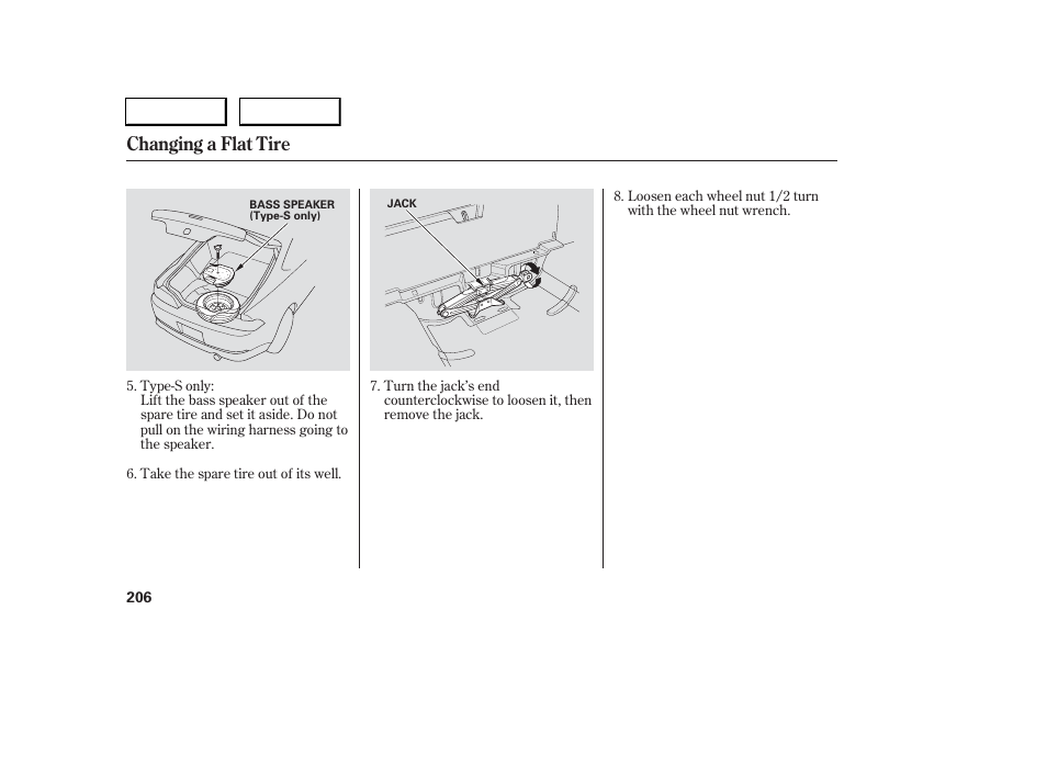 Changing a flat tire | Acura 2006 RSX - Owner's Manual User Manual | Page 207 / 255