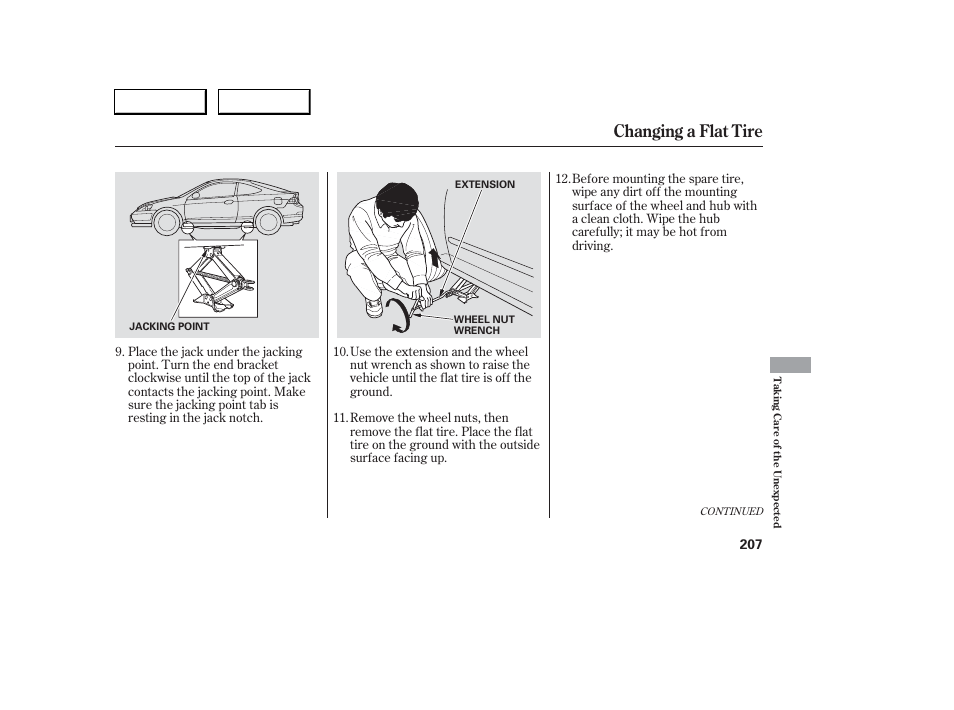 Changing a flat tire | Acura 2006 RSX - Owner's Manual User Manual | Page 208 / 255