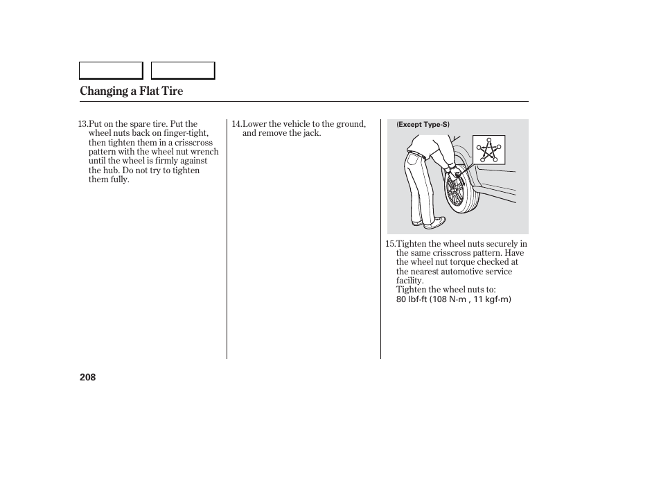 Changing a flat tire | Acura 2006 RSX - Owner's Manual User Manual | Page 209 / 255