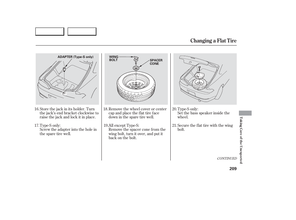 Changing a flat tire | Acura 2006 RSX - Owner's Manual User Manual | Page 210 / 255