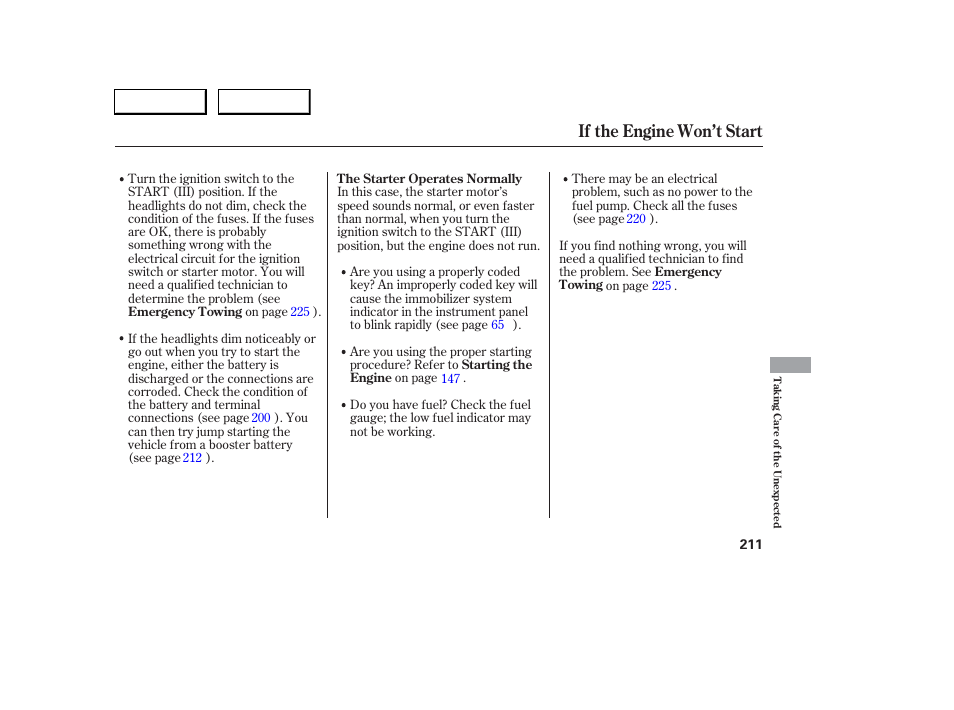 If the engine won’t start | Acura 2006 RSX - Owner's Manual User Manual | Page 212 / 255