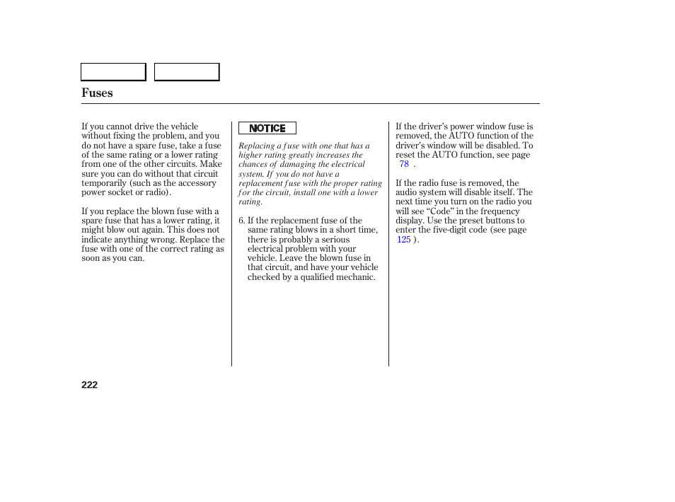 Fuses | Acura 2006 RSX - Owner's Manual User Manual | Page 223 / 255