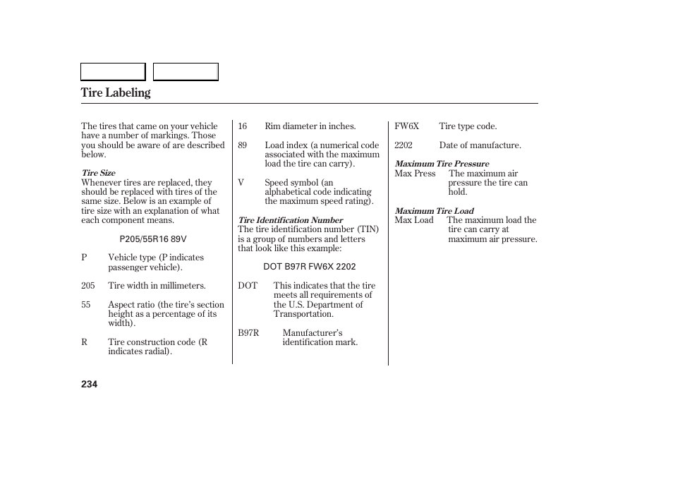 Tire labeling | Acura 2006 RSX - Owner's Manual User Manual | Page 235 / 255