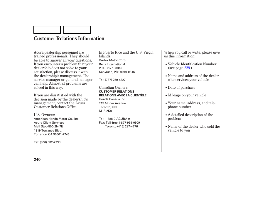 Customer relations information | Acura 2006 RSX - Owner's Manual User Manual | Page 241 / 255