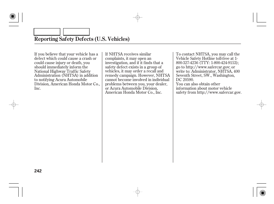 Reporting safety defects (u.s. vehicles) | Acura 2006 RSX - Owner's Manual User Manual | Page 243 / 255