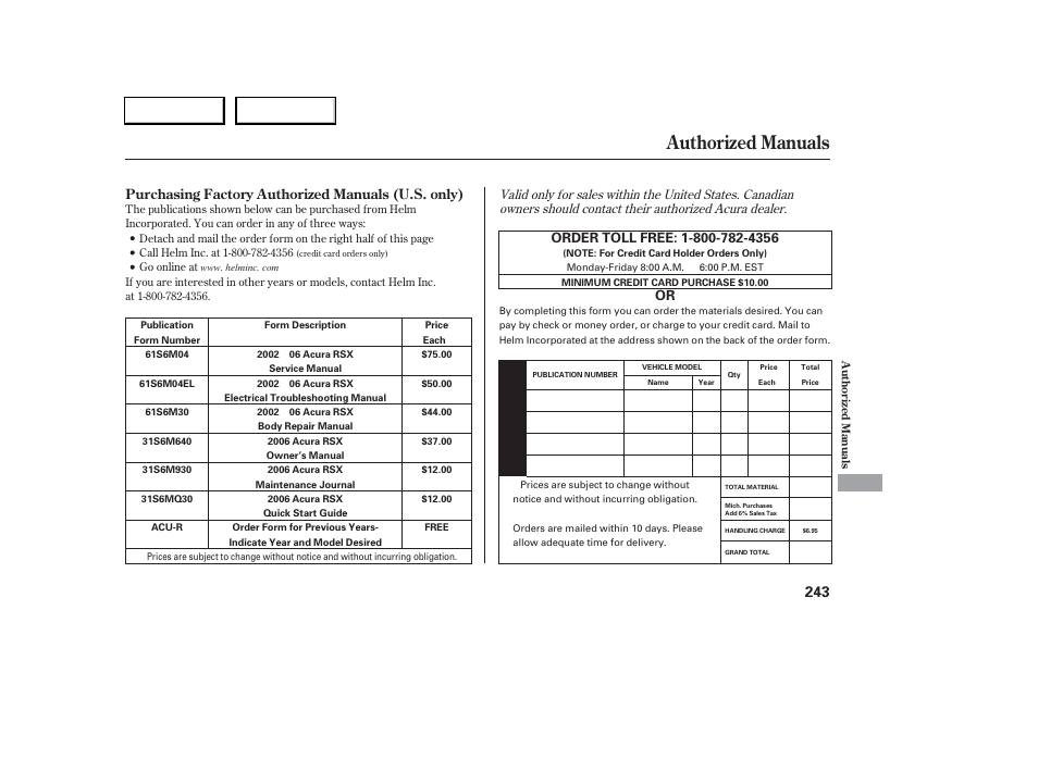 Authorized manuals | Acura 2006 RSX - Owner's Manual User Manual | Page 244 / 255