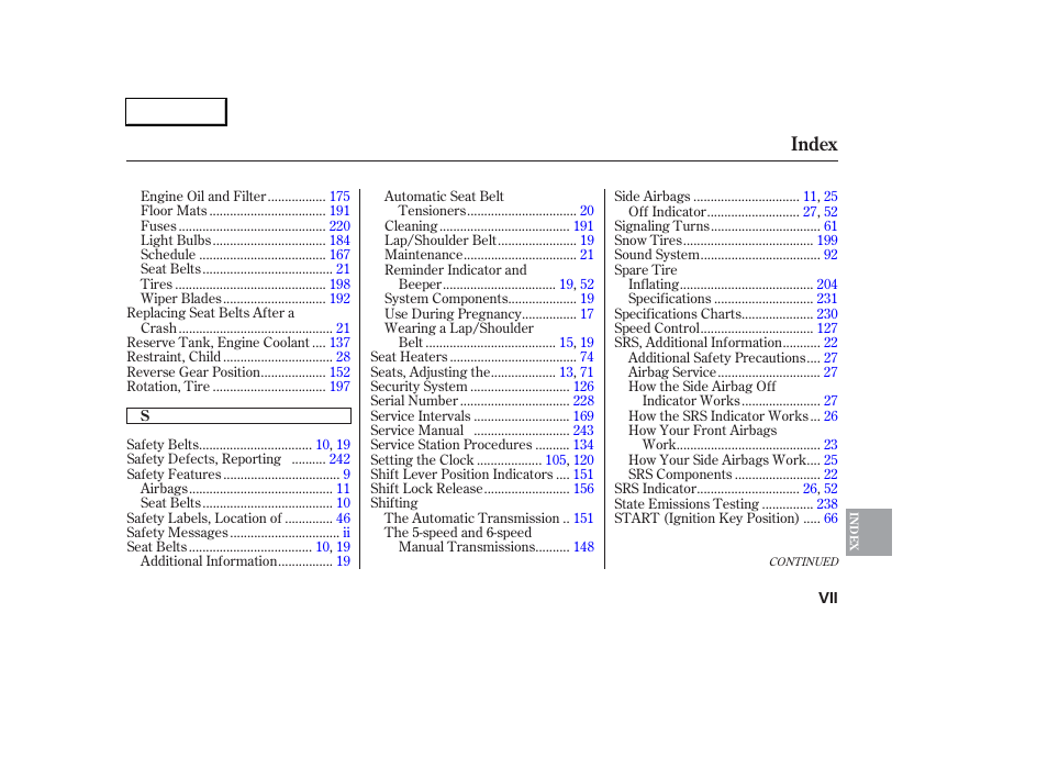 Index | Acura 2006 RSX - Owner's Manual User Manual | Page 252 / 255