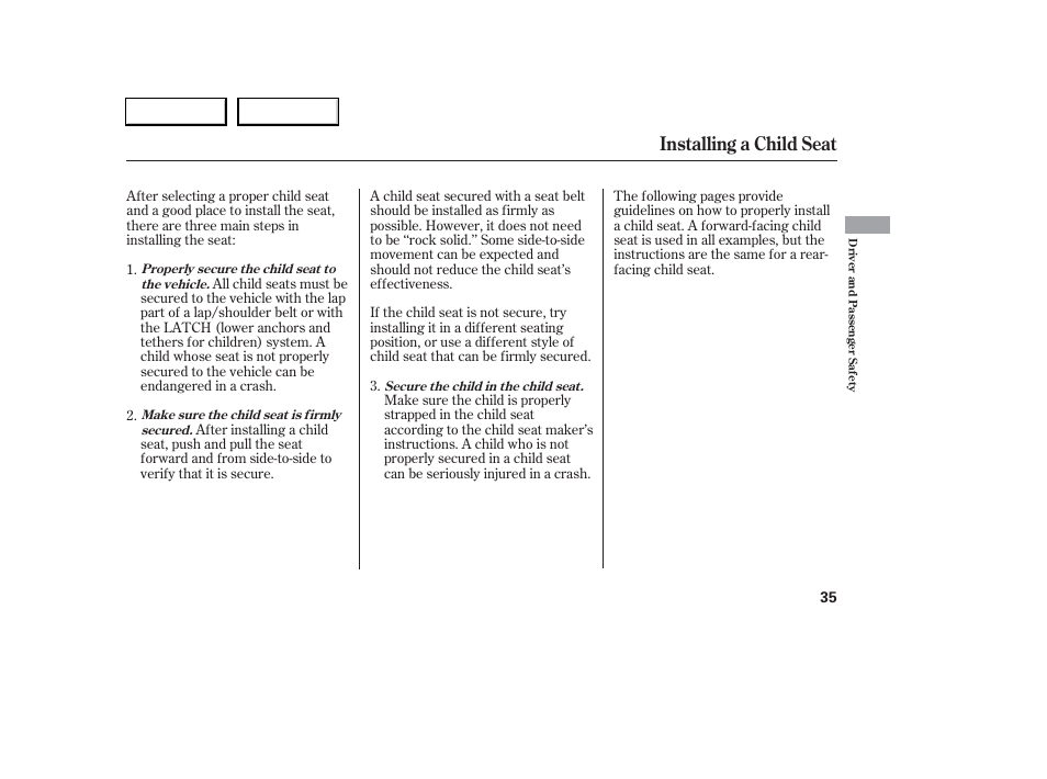 Installing a child seat | Acura 2006 RSX - Owner's Manual User Manual | Page 36 / 255