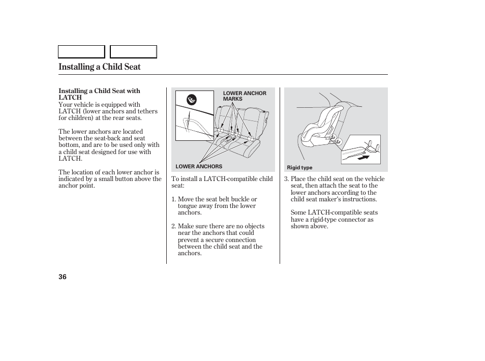 Installing a child seat | Acura 2006 RSX - Owner's Manual User Manual | Page 37 / 255