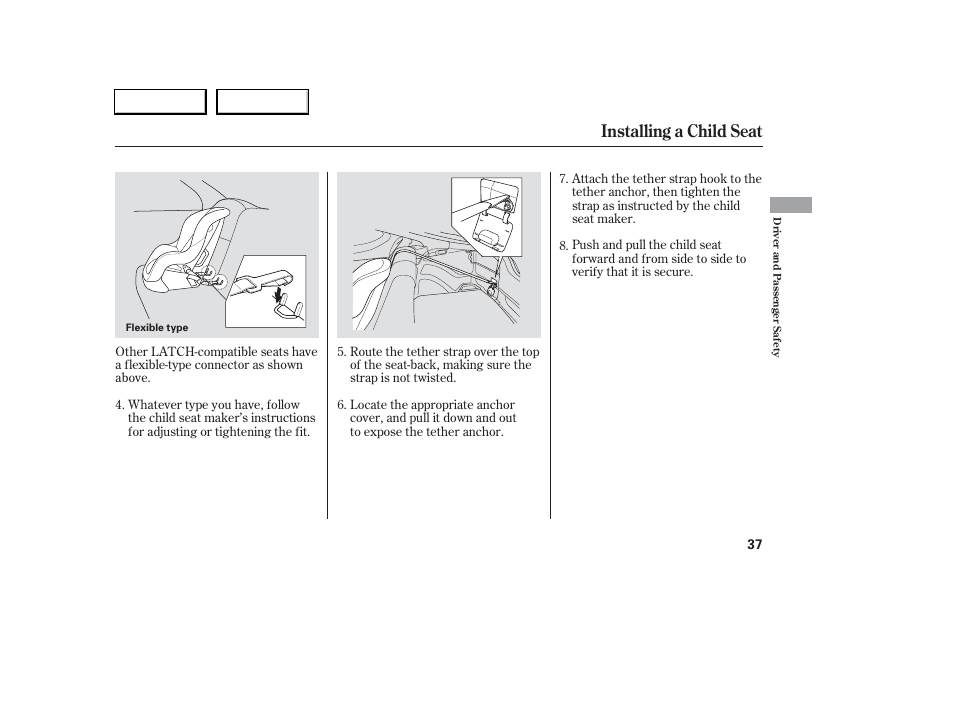 Installing a child seat | Acura 2006 RSX - Owner's Manual User Manual | Page 38 / 255