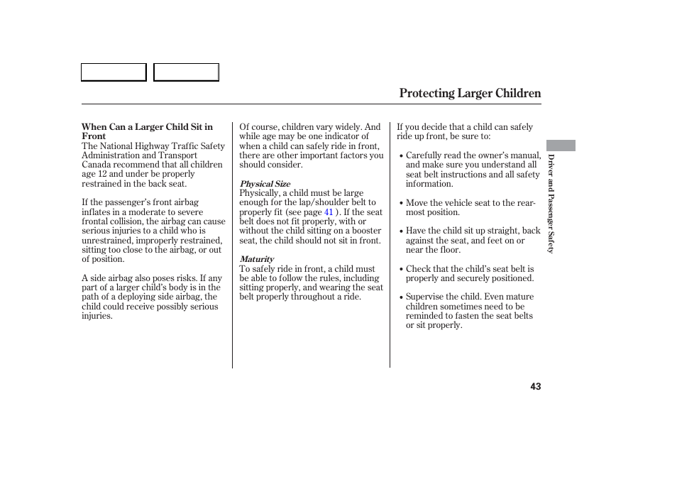 Protecting larger children | Acura 2006 RSX - Owner's Manual User Manual | Page 44 / 255