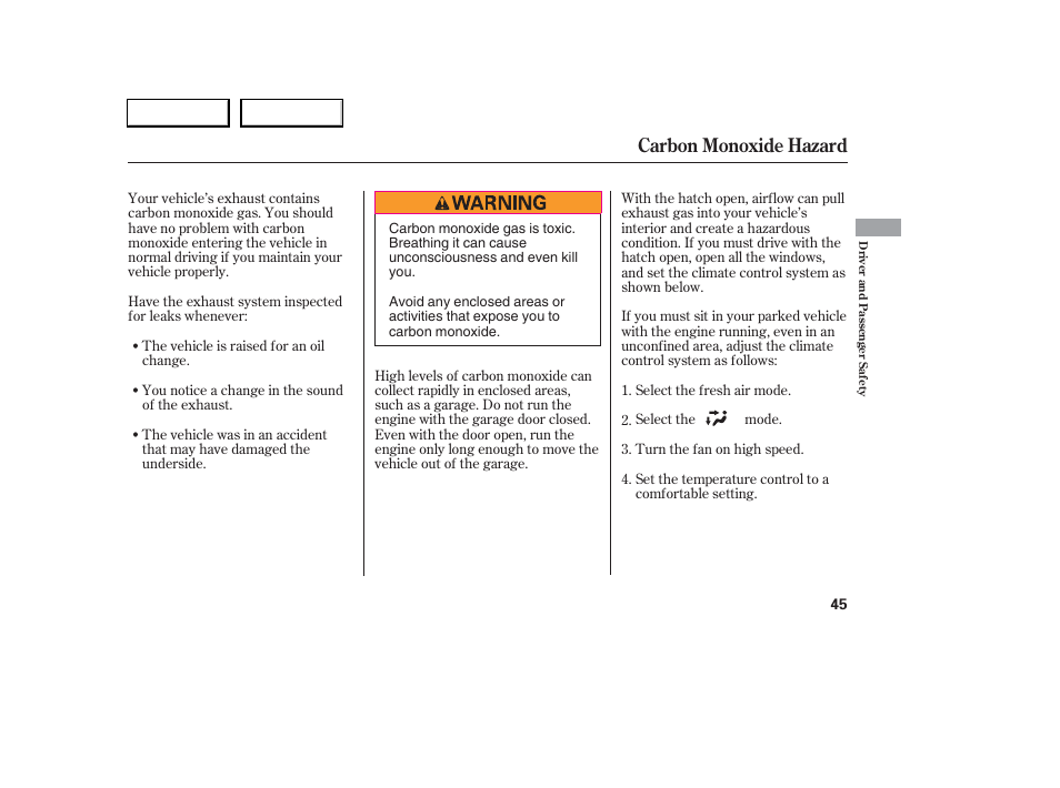 Carbon monoxide hazard | Acura 2006 RSX - Owner's Manual User Manual | Page 46 / 255