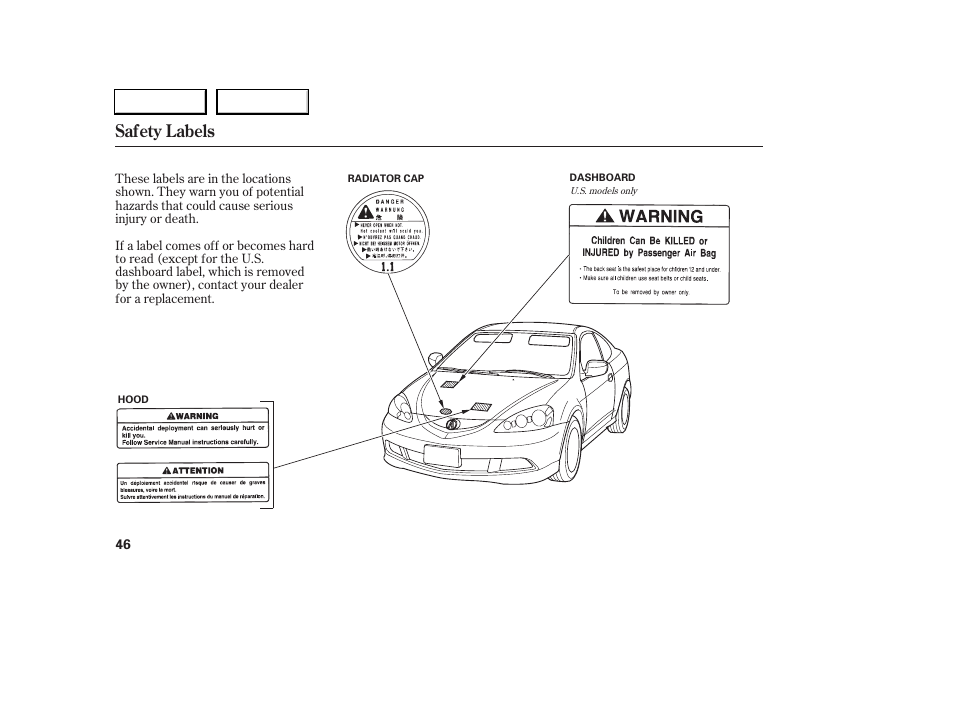 Safety labels | Acura 2006 RSX - Owner's Manual User Manual | Page 47 / 255