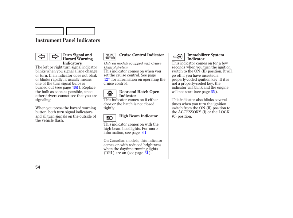 Instrument panel indicators | Acura 2006 RSX - Owner's Manual User Manual | Page 55 / 255