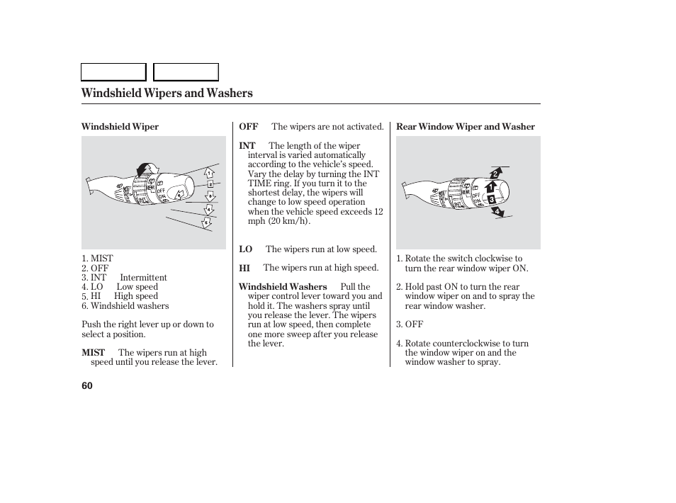 Windshield wipers and washers | Acura 2006 RSX - Owner's Manual User Manual | Page 61 / 255