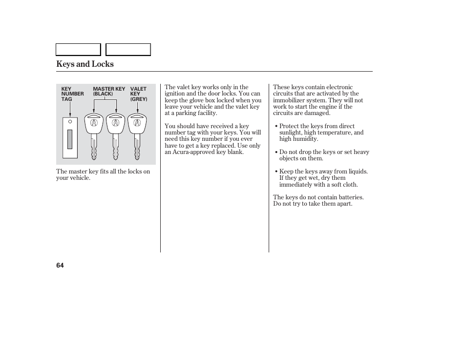 Keys and locks | Acura 2006 RSX - Owner's Manual User Manual | Page 65 / 255