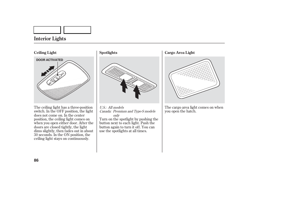 Interior lights | Acura 2006 RSX - Owner's Manual User Manual | Page 87 / 255