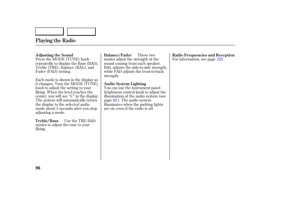Playing the radio | Acura 2006 RSX - Owner's Manual User Manual | Page 97 / 255