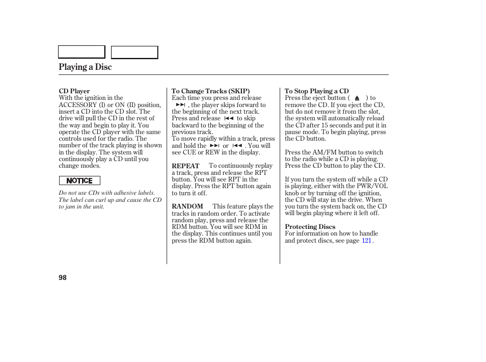 Playing a disc | Acura 2006 RSX - Owner's Manual User Manual | Page 99 / 255