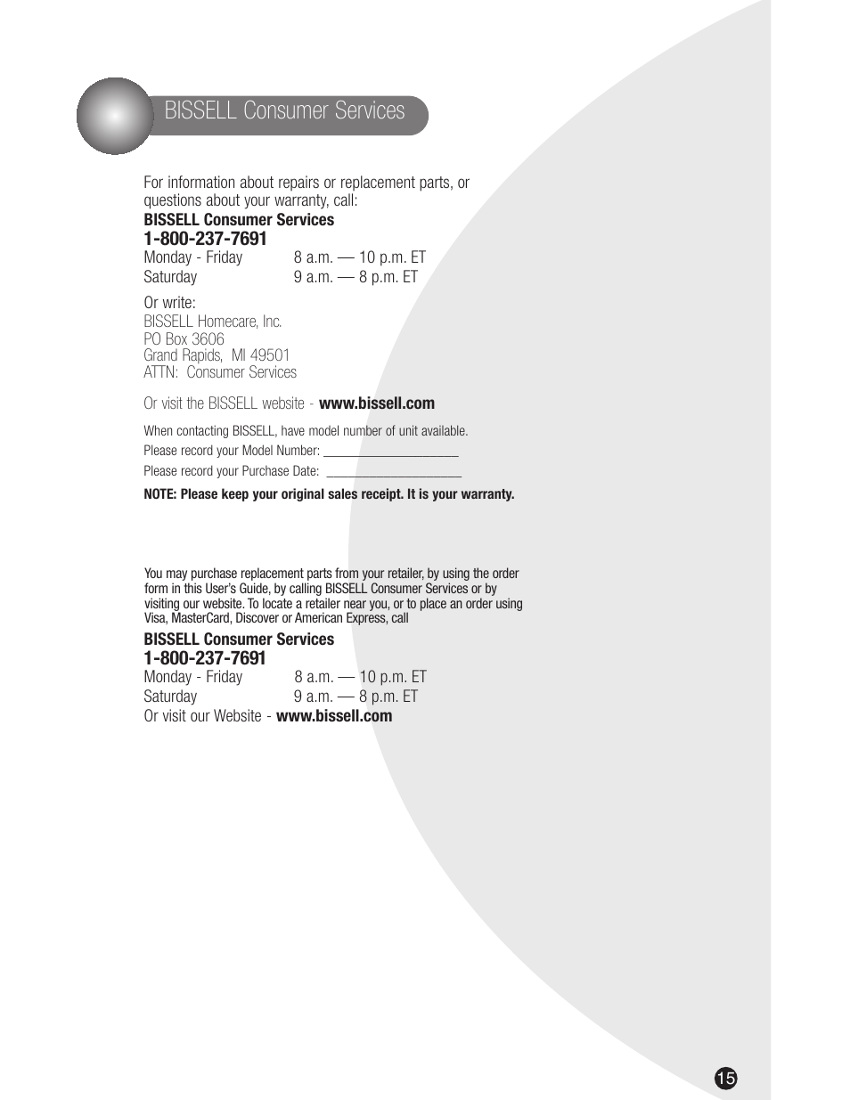 Bissell consumer services | Bissell Big Green 1672 series User Manual | Page 15 / 16