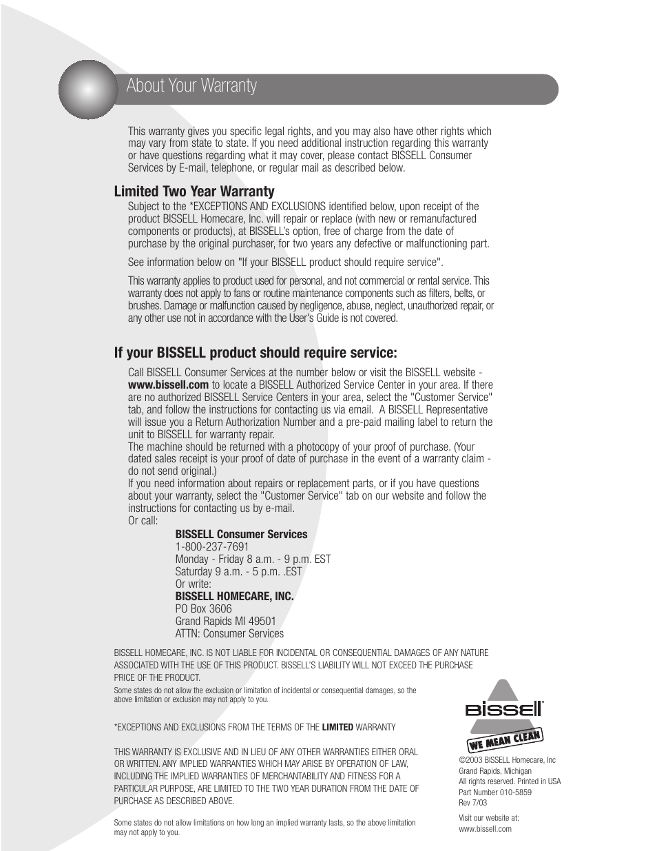 About your warranty, Limited two year warranty, If your bissell product should require service | Bissell Big Green 1672 series User Manual | Page 16 / 16